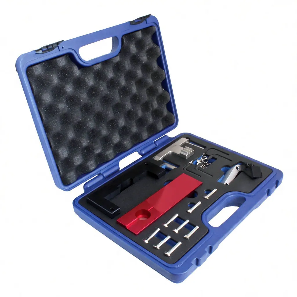 Angled shot of an open timing tool kit case for Mercedes OM642 showing red ASTA bars, bolts, black block, silver alignment tool and lever inside foam-lined blue case.