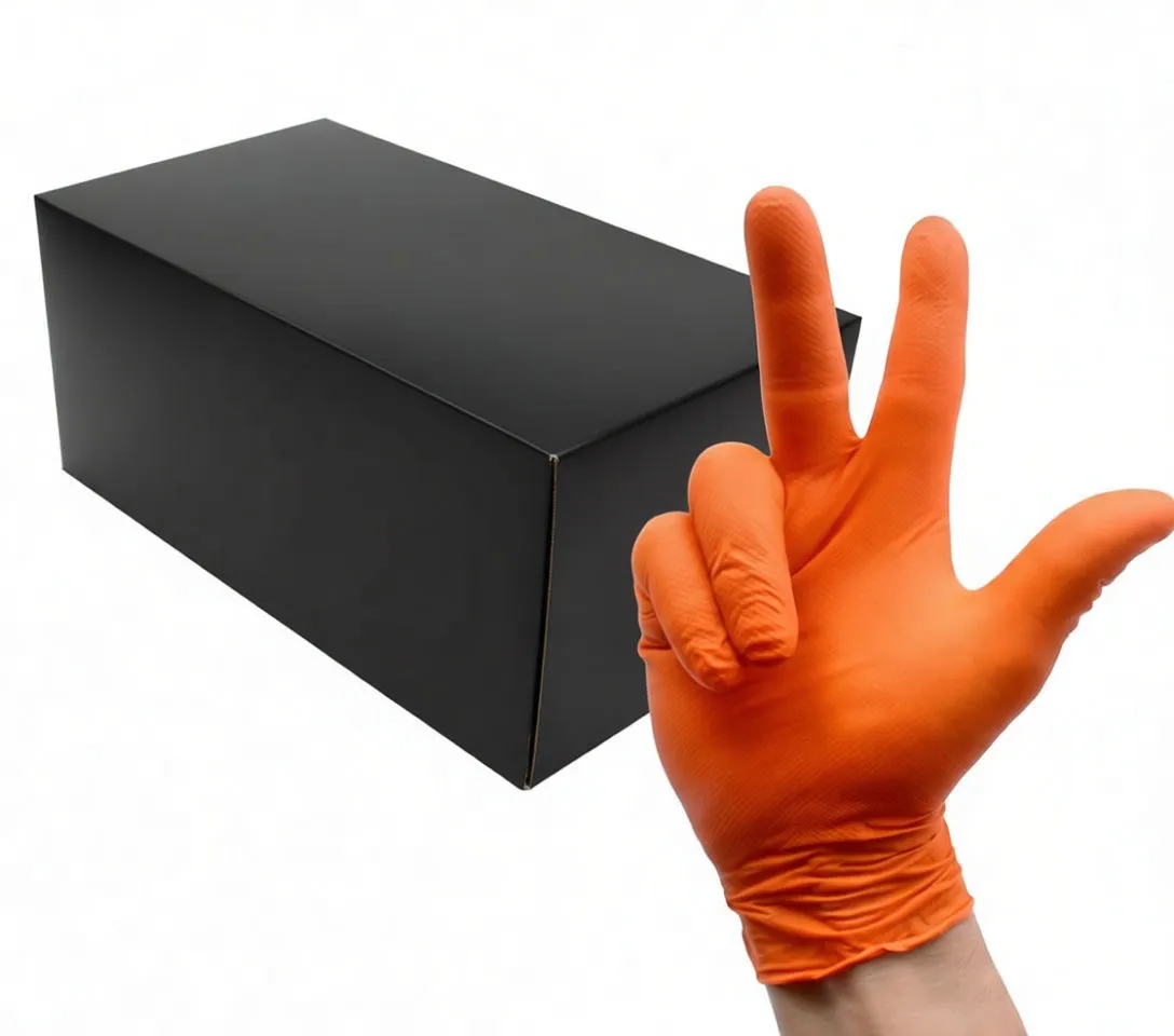 Orange nitrile glove making a two-finger gesture beside SaTra glove box