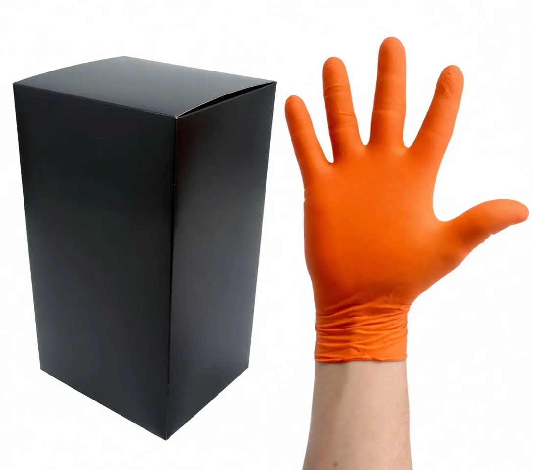 Open palm wearing orange nitrile glove next to upright SaTra S-S9GYD box