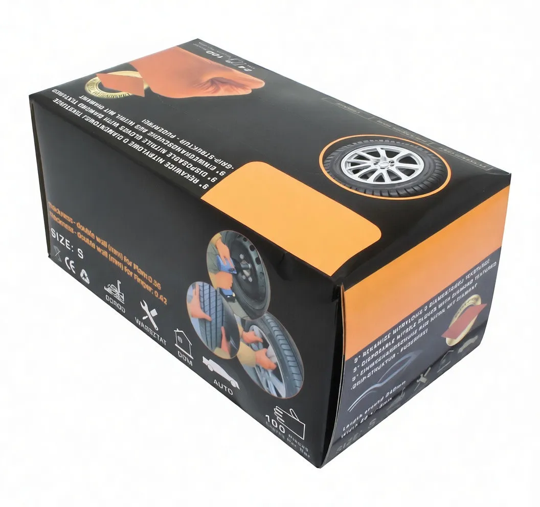 Glove being worn next to SaTra S-S9GYD box with insets showing glove used on car wheel and tire