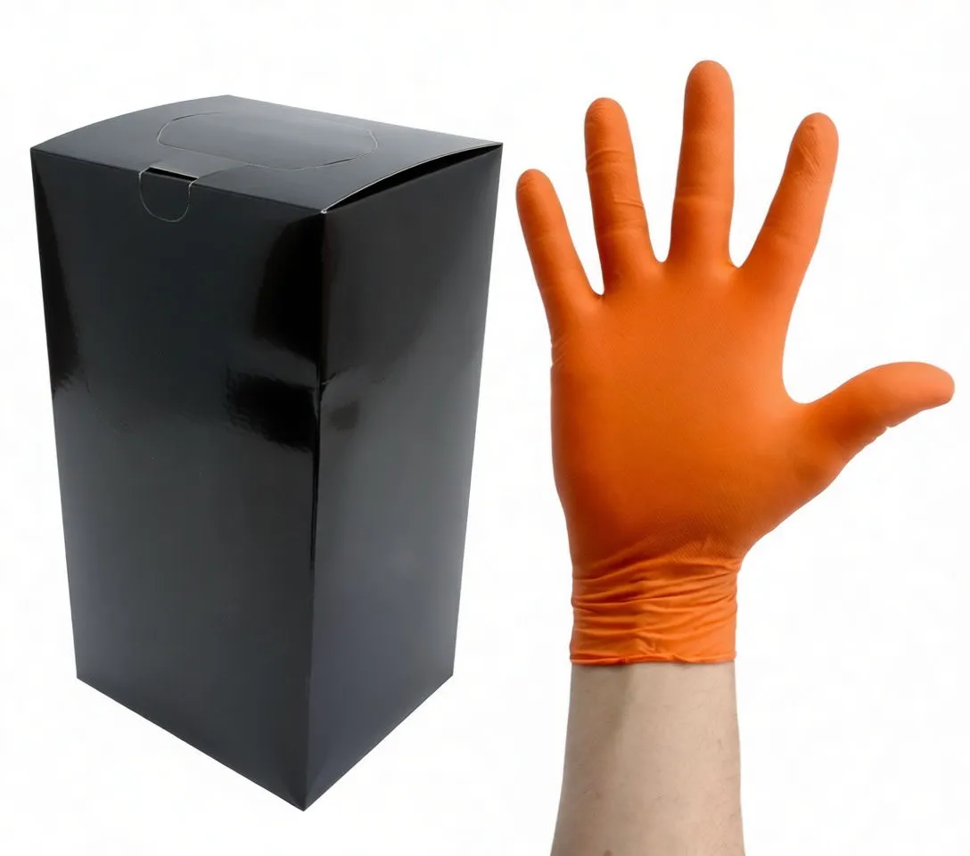 Two-finger gesture with orange nitrile glove beside SaTra S-S9GYD packaging