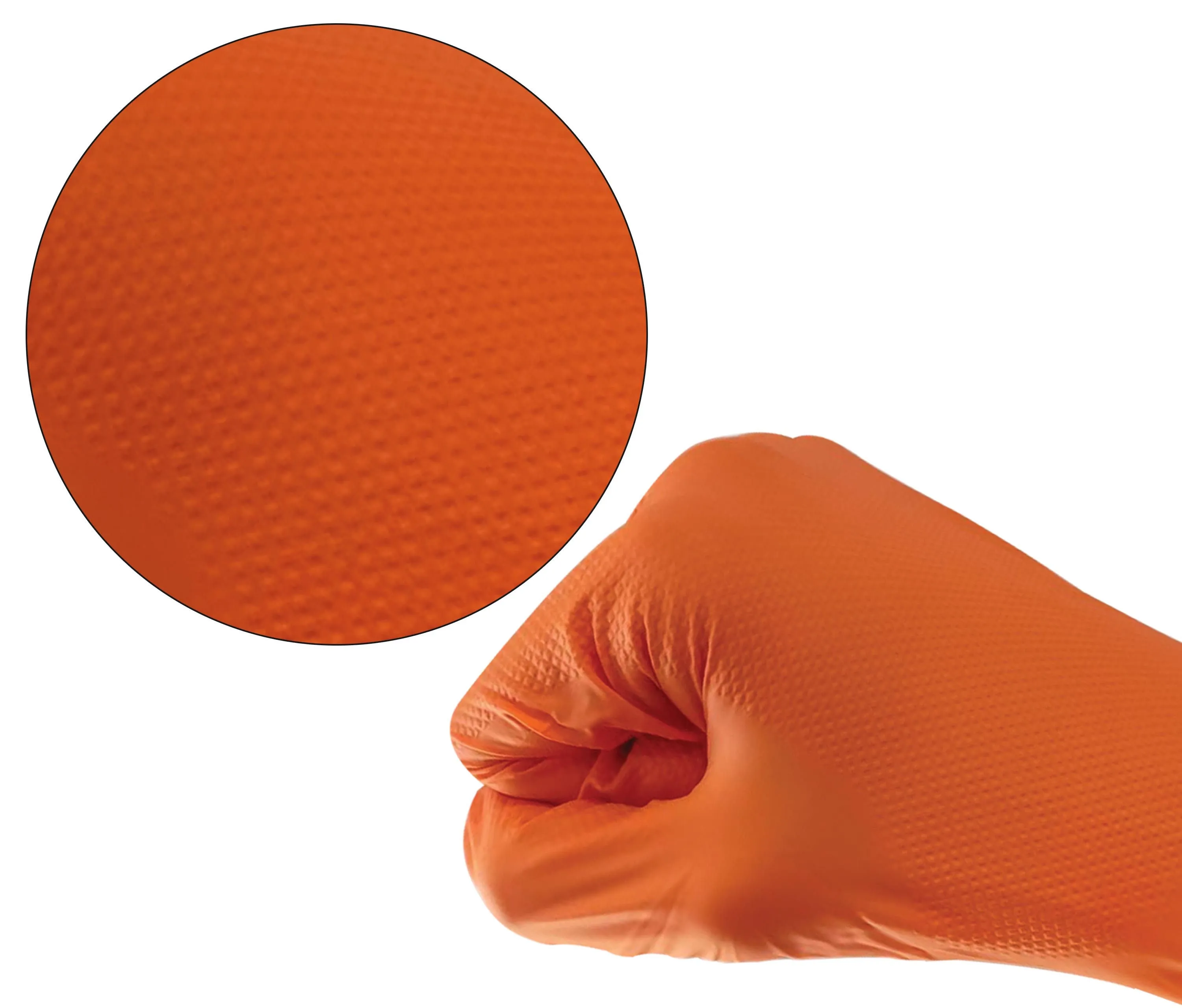 Close-up of orange nitrile glove texture showing diamond-pattern grip and a gloved fist, emphasizing surface detail.