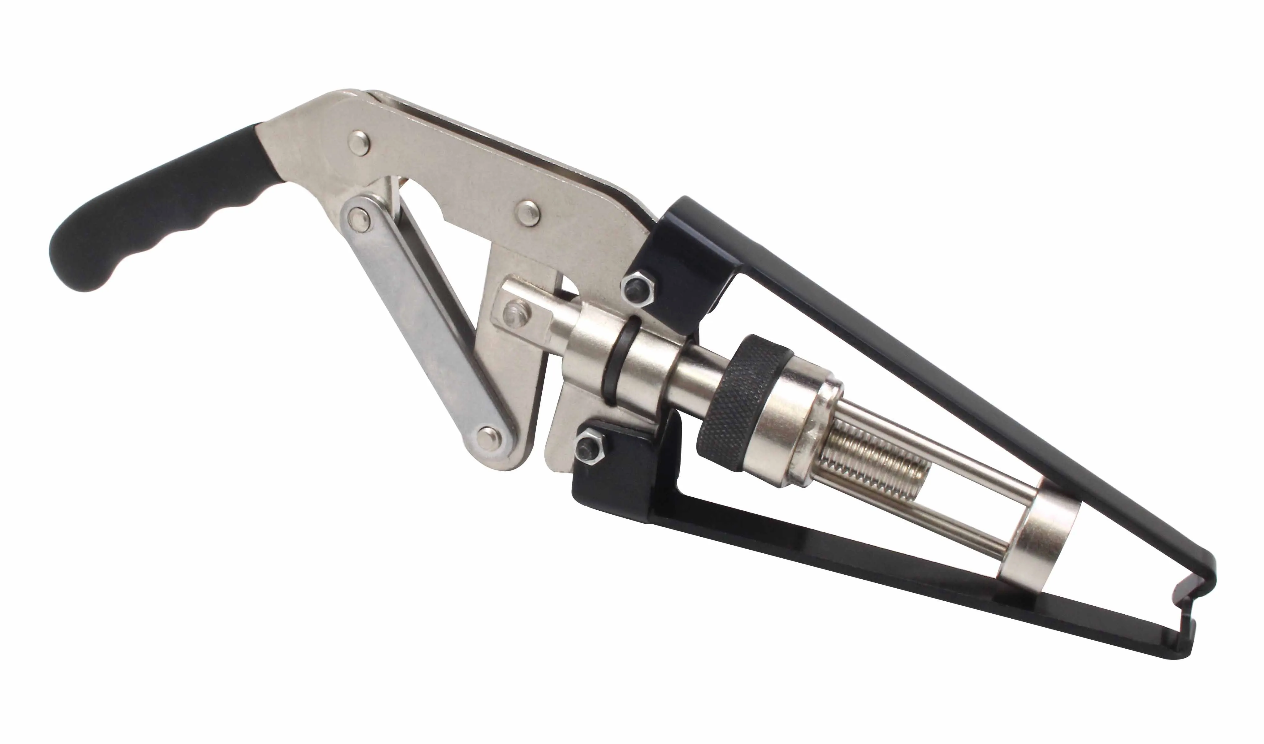 Side-angle image highlighting long hooked arms, threaded rod and knurled adjustment on compressor