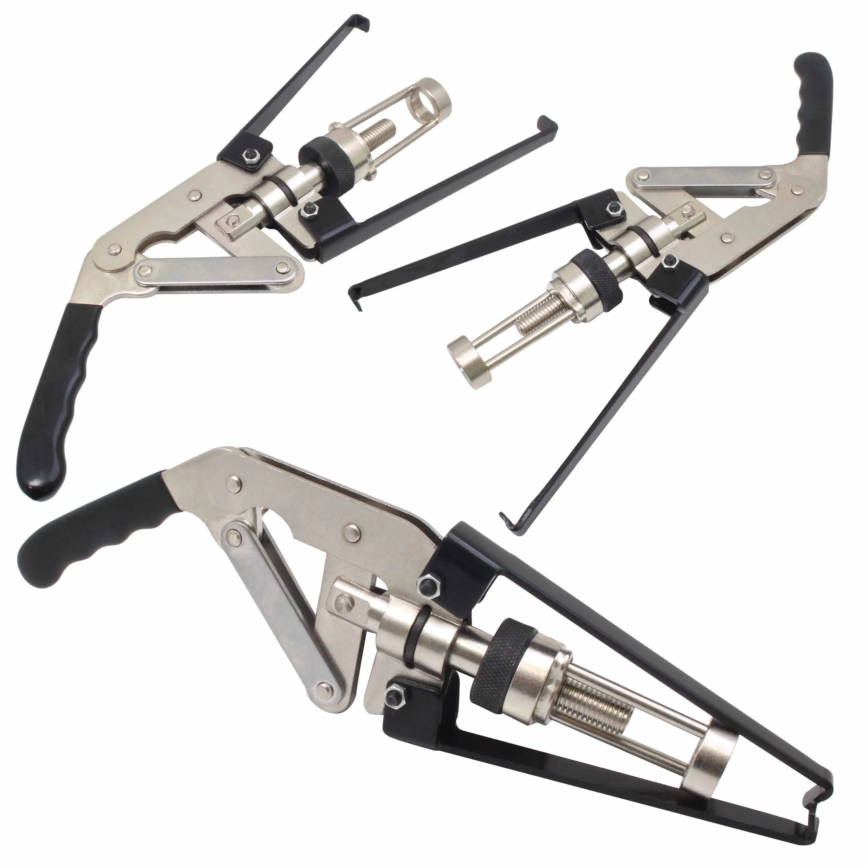 Multiple views of the valve spring compressor tool showing linkage, arms and threaded piston