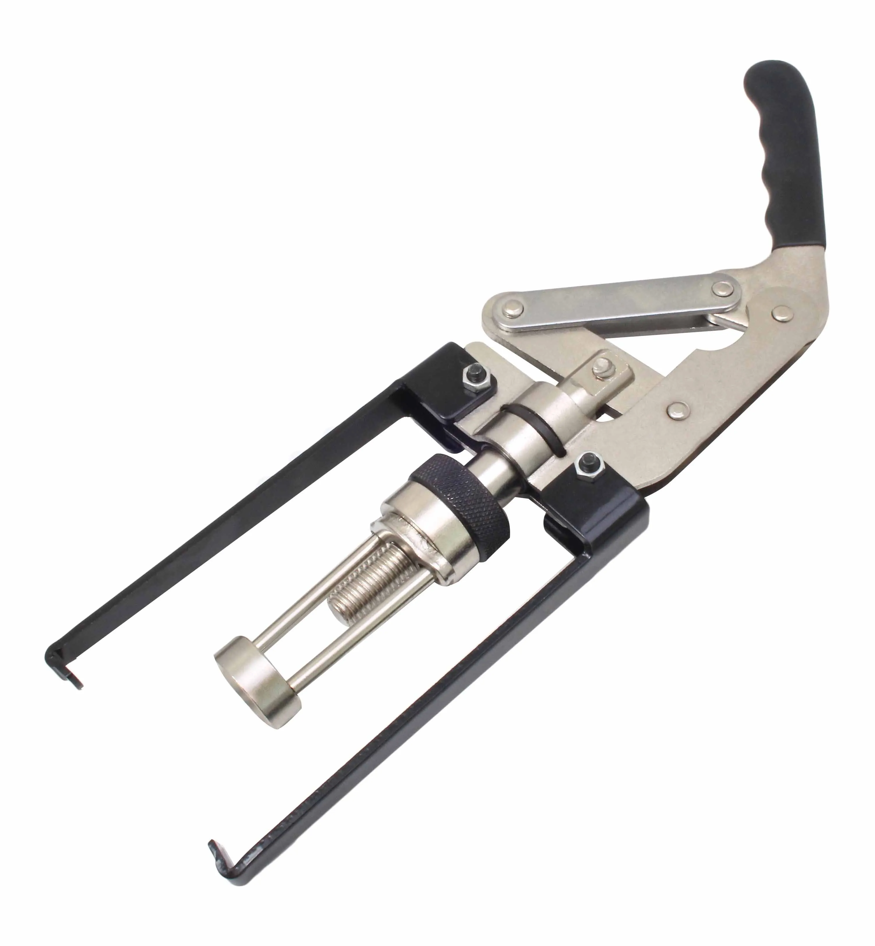 Angled top view of spring compressor showing threaded screw, knurled collar and long black arms