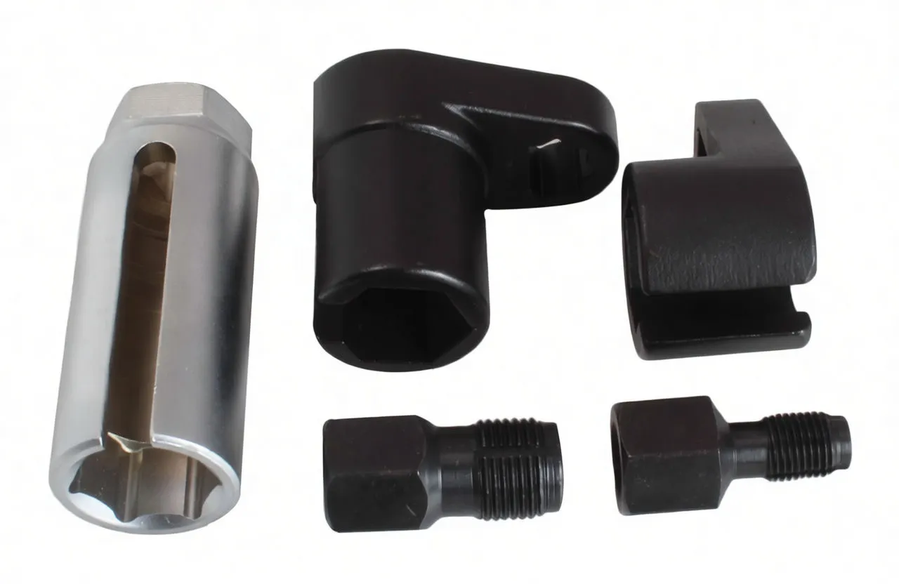 Five tools on white background: chrome slotted oxygen sensor socket, two black slotted removal sockets stamped 'satra', and two threaded hex adaptor studs