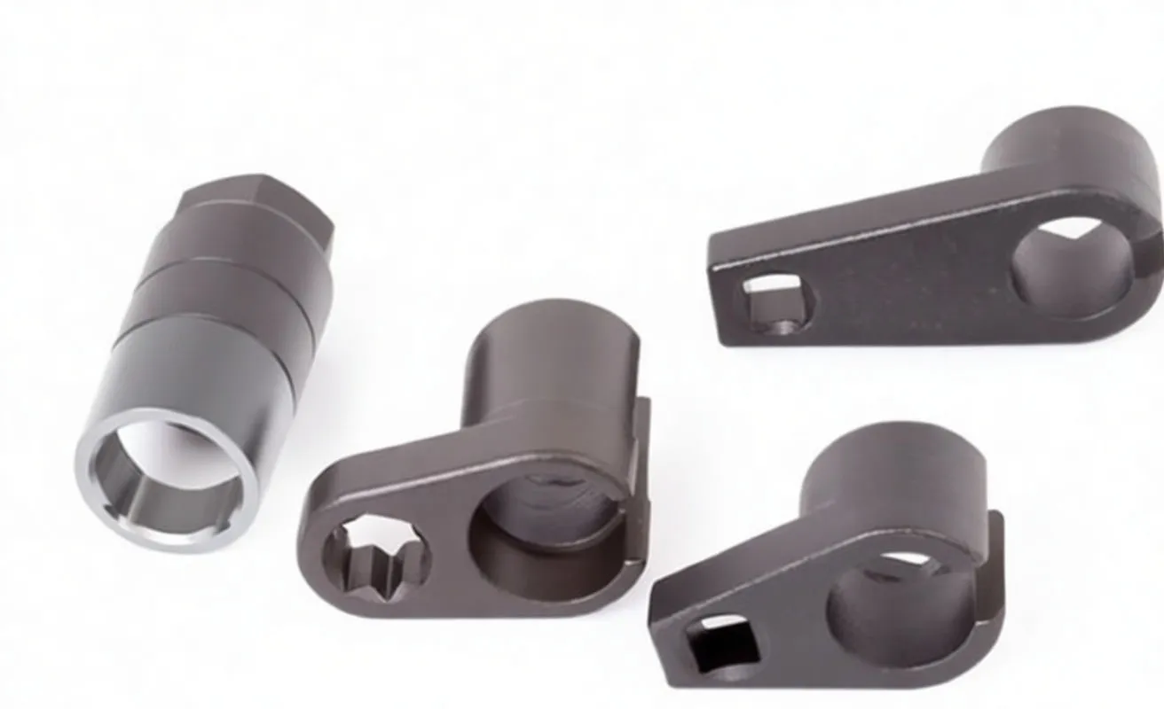 Four short adapter pieces and one closed socket, including lever-style adapters with round openings and square drive holes.