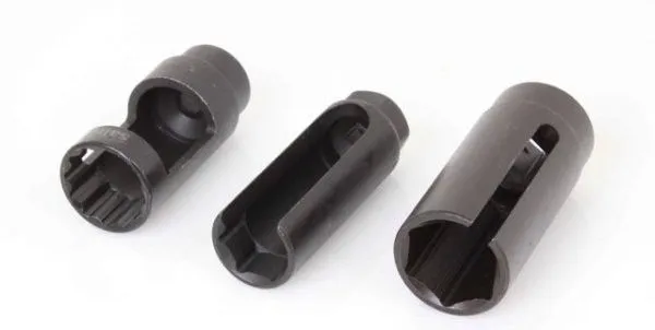 Three dark metal slotted oxygen sensor sockets with varied internal profiles and slots for sensor wiring.