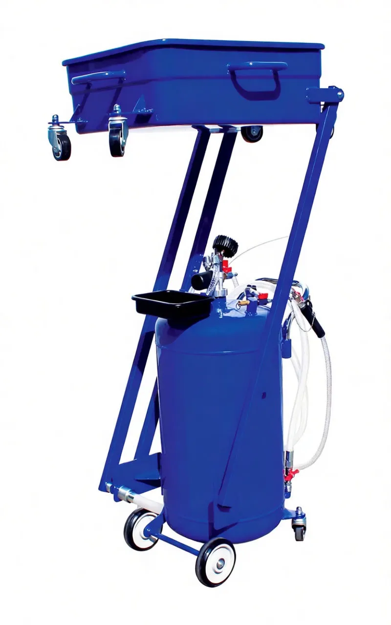 Side view of pantograph oil drainer with tray, funnel, hoses and wheels
