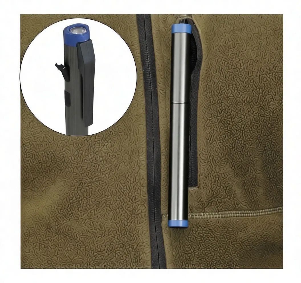 Pen lamp clipped to a jacket pocket with inset close-up of the clip and front LED.