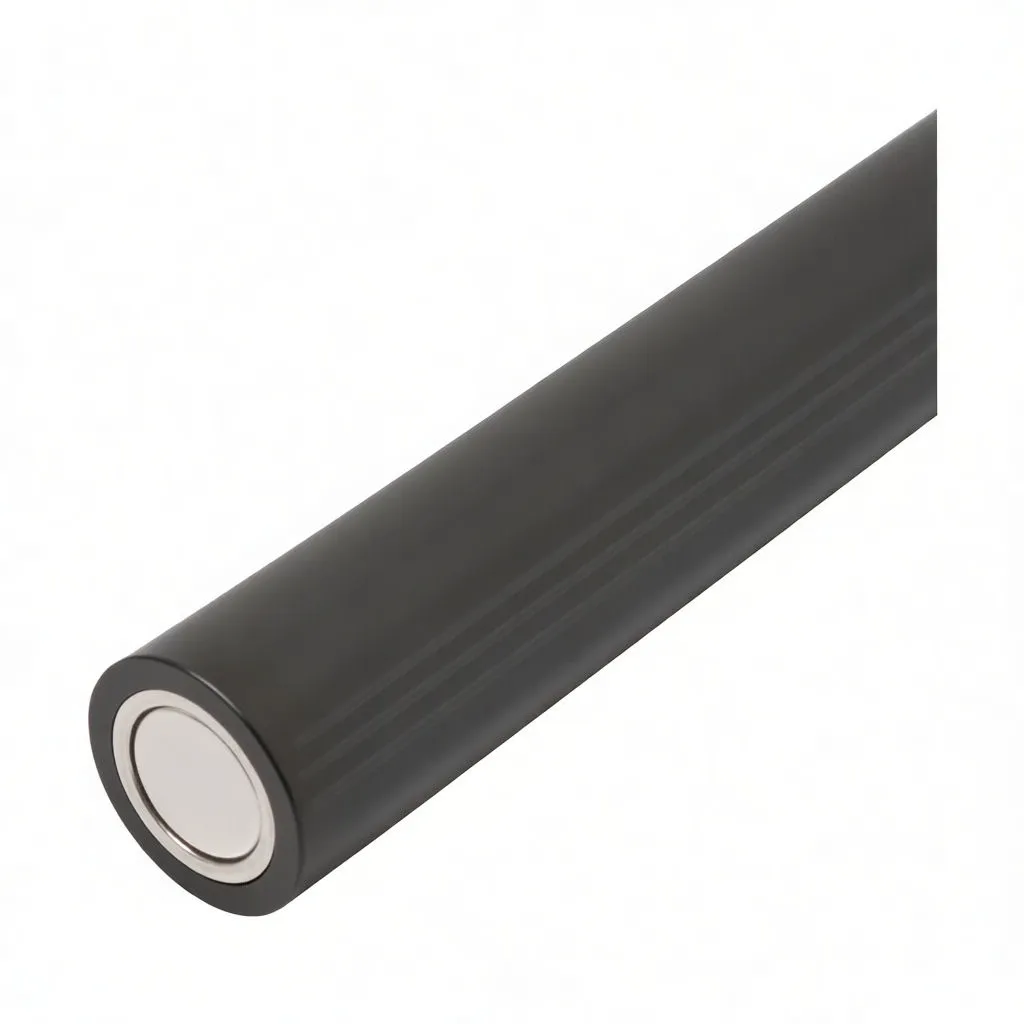 Close-up of lamp tail showing magnetic base, CE and disposal symbols on the gray body.