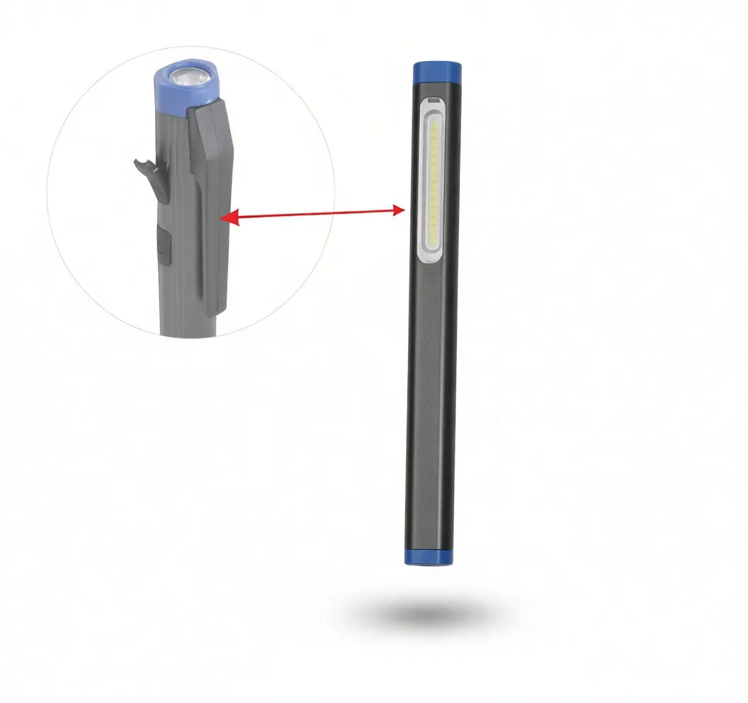 Pen lamp powered on showing bright beam from front LED, side COB strip visible.