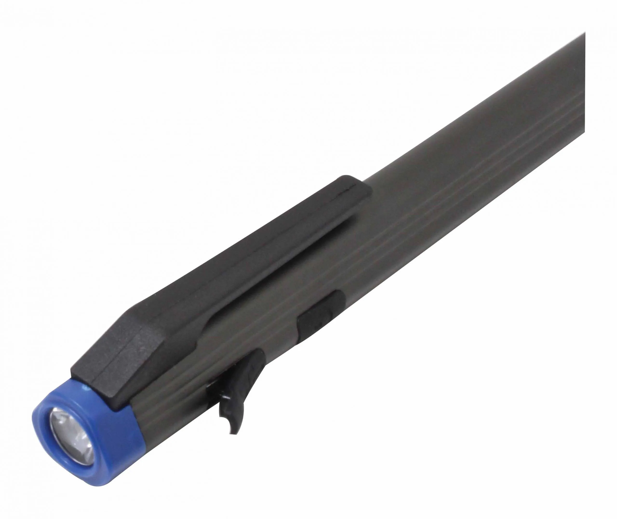 Close-up of front end showing LED lens, side buttons and pocket clip.