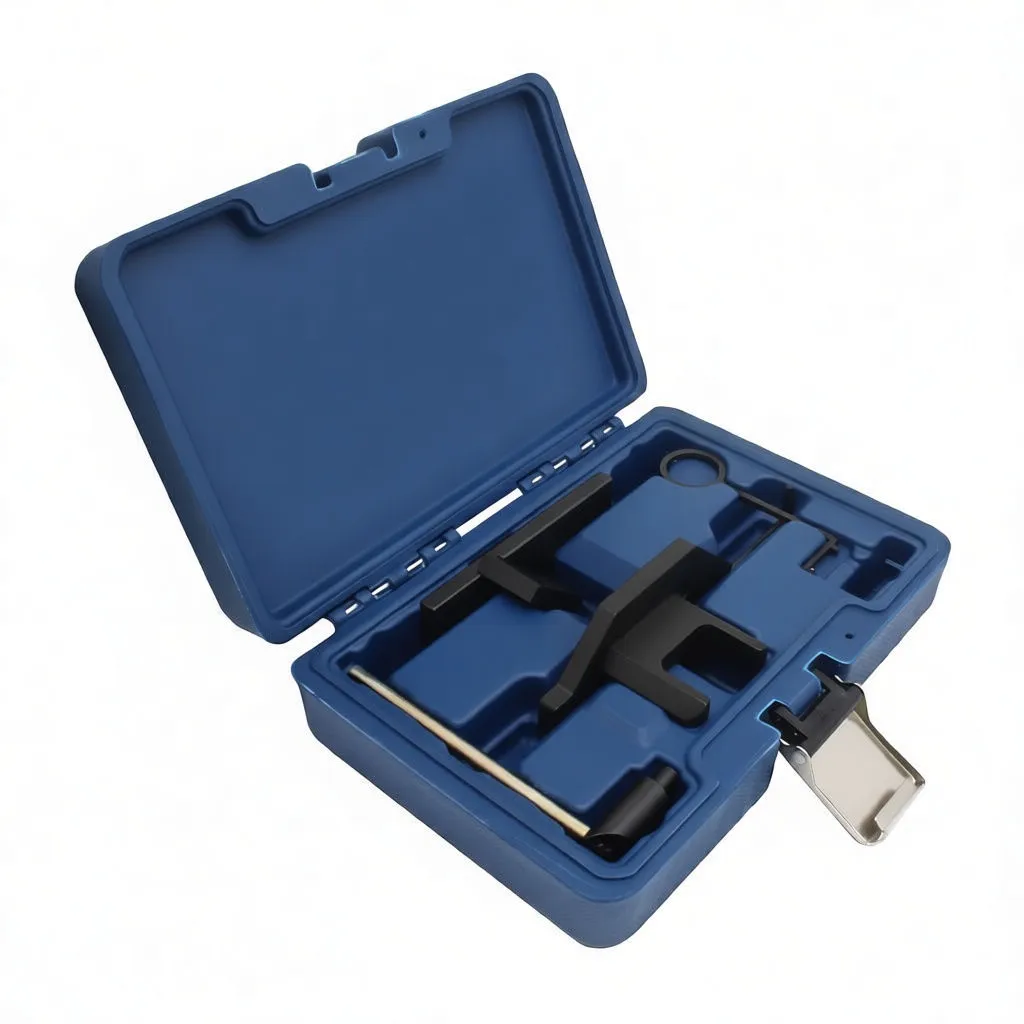 Angled view of blue tool case with ASTA timing alignment plates, brass rod and open chrome latch, yellow sticker on lid