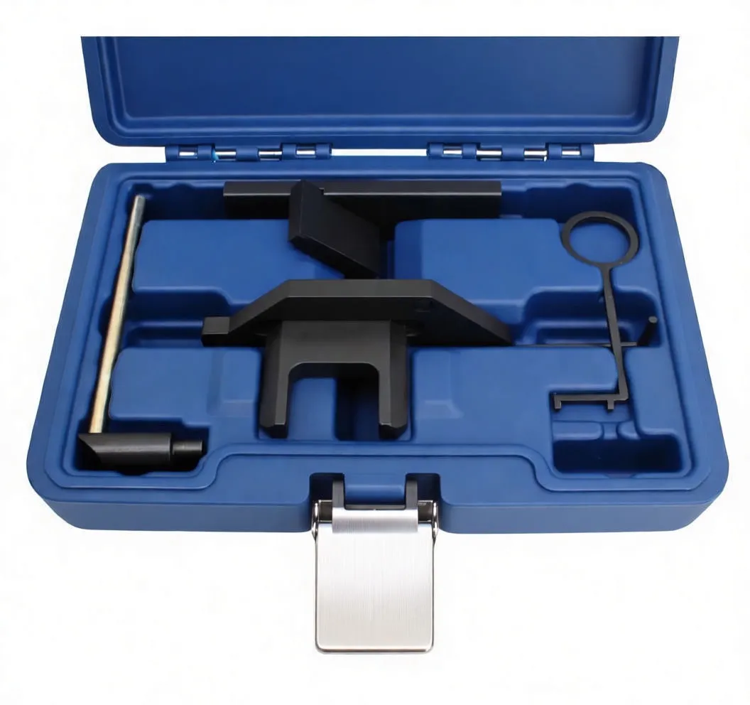 Top-down image of blue molded case with ASTA A-4GDI12 timing lock plates, brass locating rod, ring retainer and chrome latch