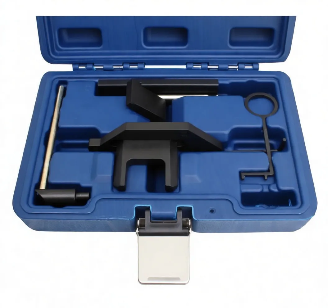 Timing kit components on white background: two black ASTA alignment plates, ring retainer, hook pin, allen key and gold locating pin with black ASTA handle