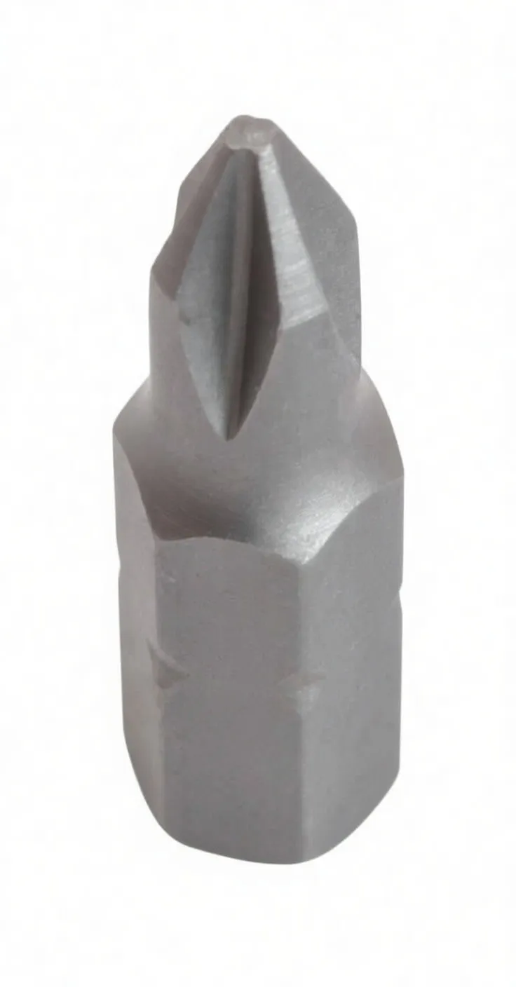 Perspective view of a short 1/4" hex Phillips bit with ASTA engraving, showing full length and tip