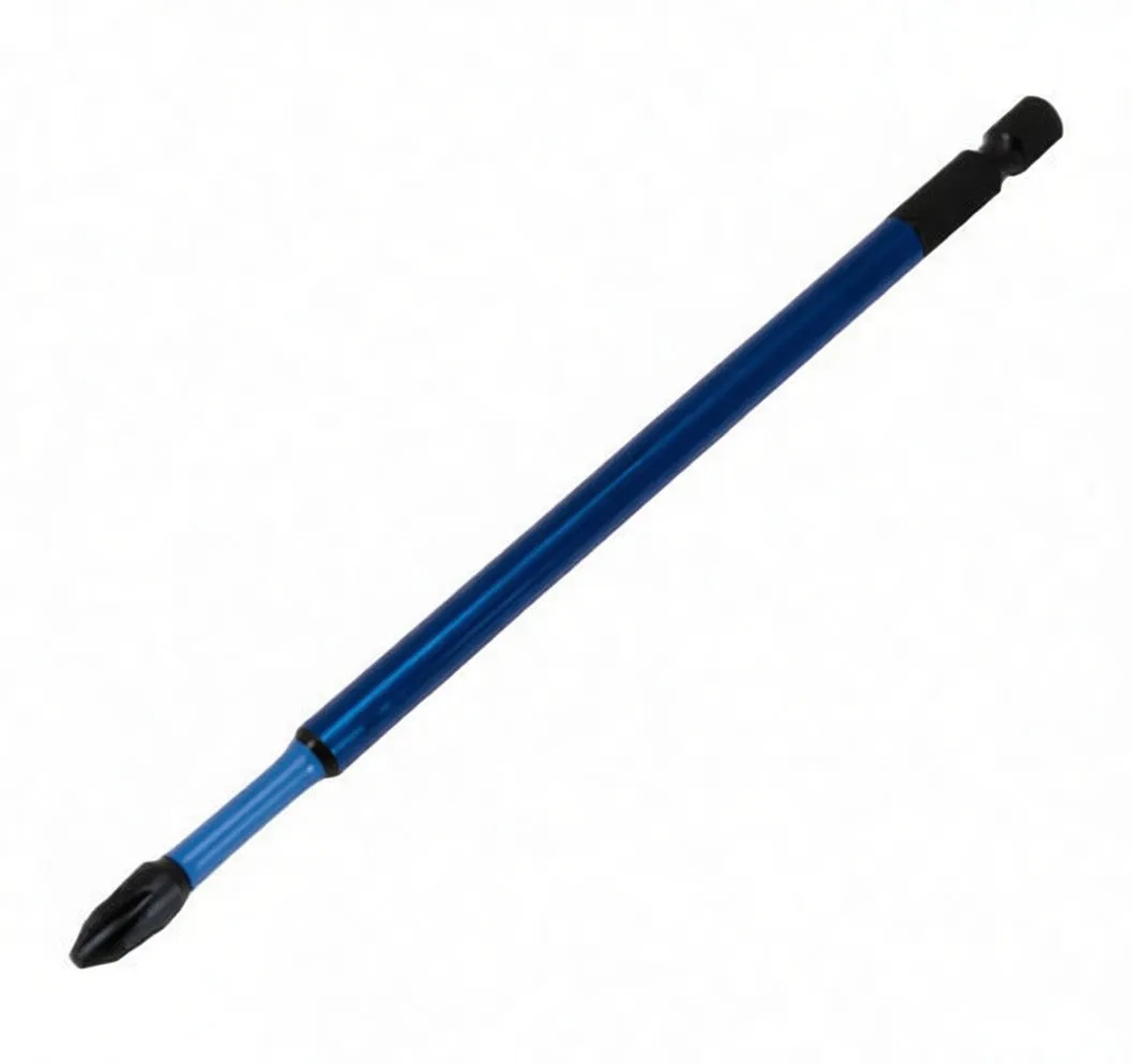 Vertical view of long black PH2 screwdriver bit with blue branded collar and hex shank