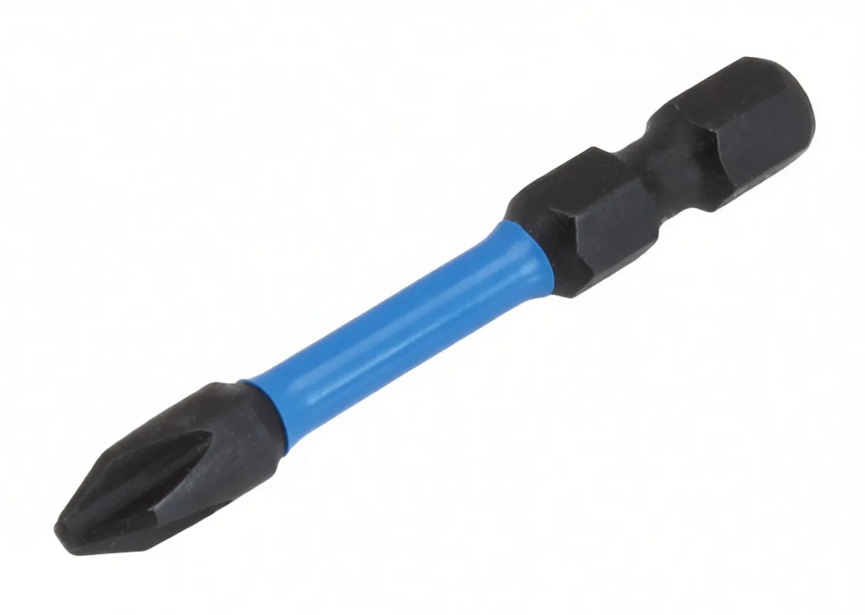 Front view of a Phillips driver bit with ASTA logo on blue sleeve and hex shank at base