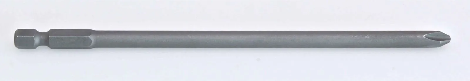 Full-length image of a PH2x150 screwdriver bit: Phillips tip at right, long steel shaft, hex drive with groove at left, neutral background.