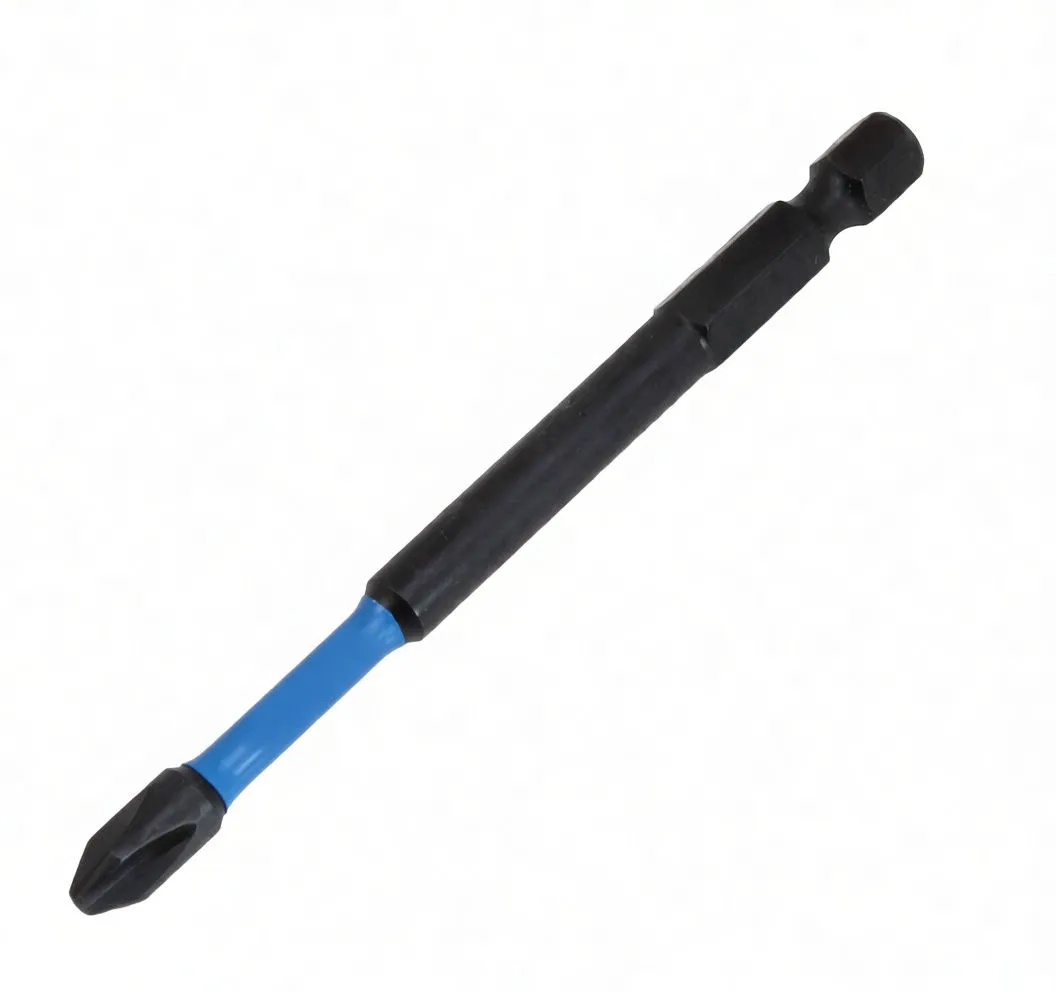 vertical front view of a Phillips PH2 bit with blue branded sleeve and black hex shank