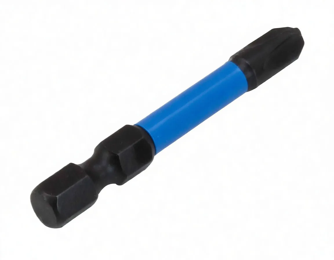 Angled full-length view of a blue ASTA screwdriver bit with black hex drive and black Phillips tip