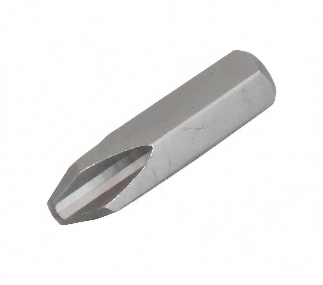 Angled view of a hexagonal screwdriver bit with Phillips tip and stamped brand on the shank
