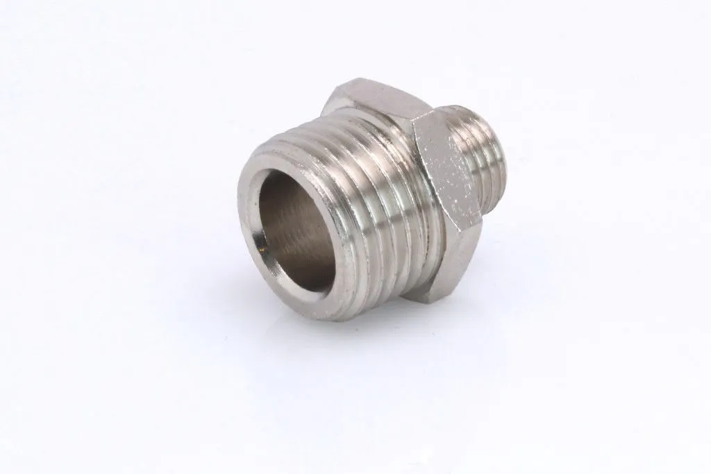 Perspective view of plated male thread reducer showing large open bore and hex nut