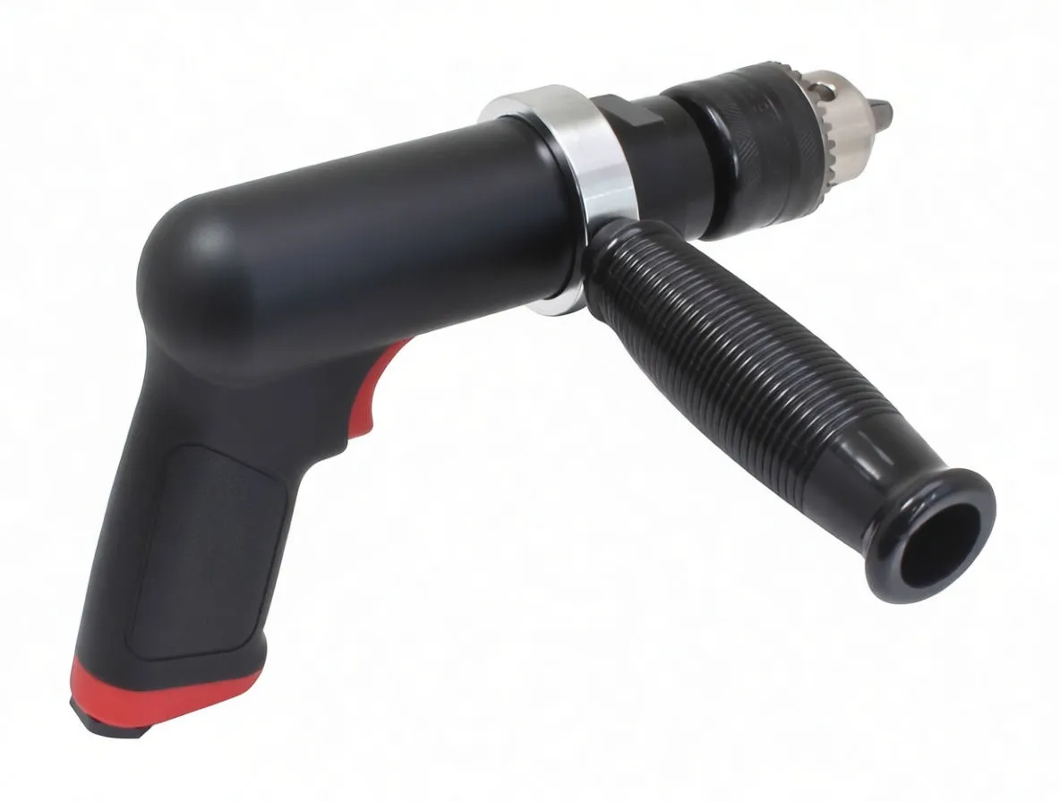 Angled view of ASTA pneumatic drill with auxiliary handle, metal collar and rear directional dial