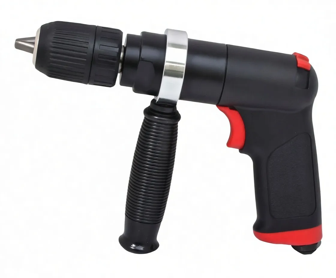 Side view of ASTA air drill with auxiliary handle, red trigger, and brand marking