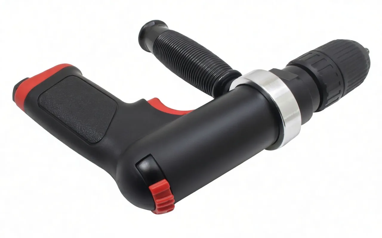 Angled front view of air drill showing rubber chuck, metal collar, and ribbed side handle