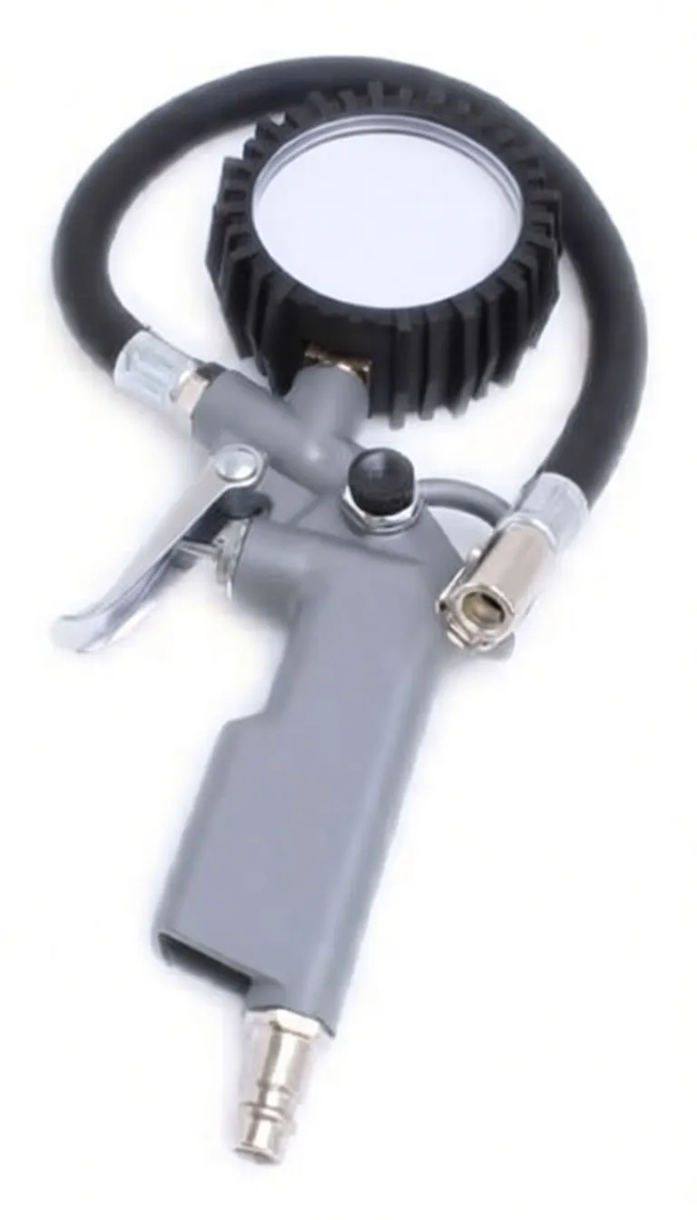 Pistol-grip tire inflator with looped black hose and rubber-protected pressure gauge on white background