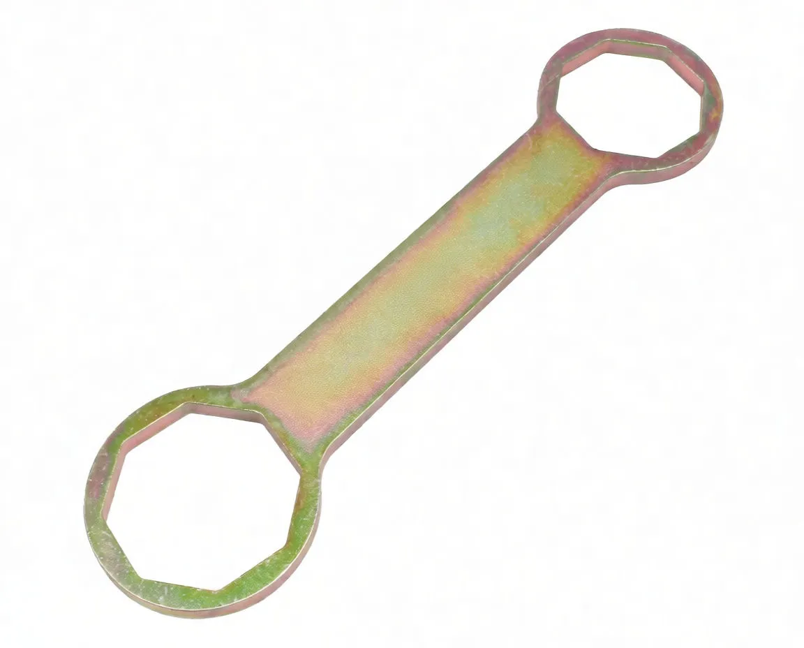 Angled view of a yellow-zinc plated double-ended cap wrench for forks, sizes 45 and 49 visible with ASTA marking