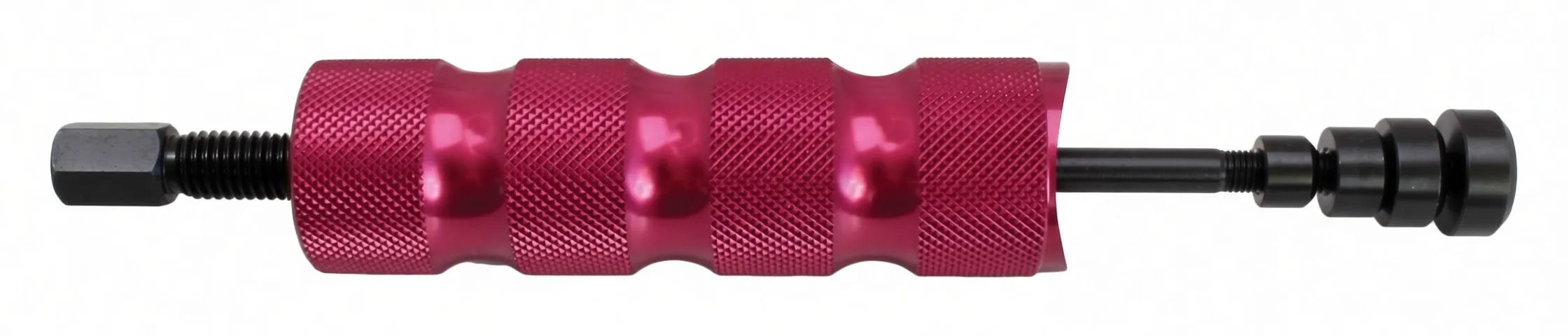 Side profile of piston pin tool showing pink knurled handle, central black rod, hex driver and stepped adapter.