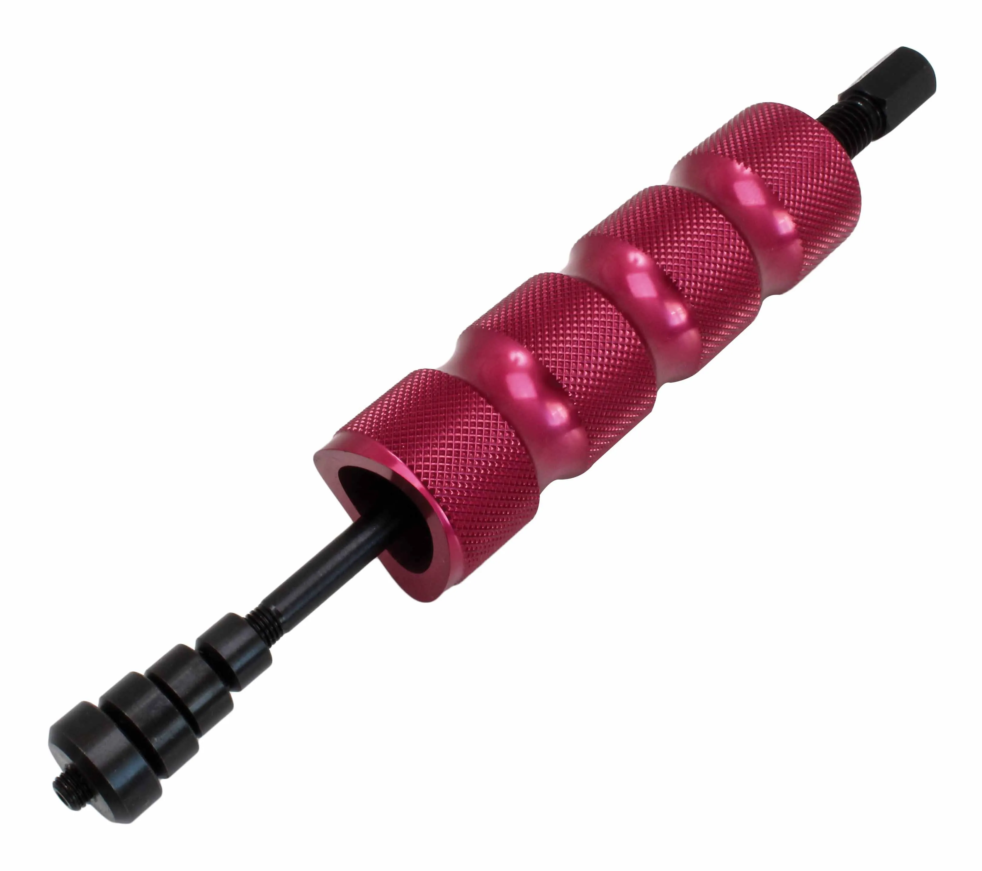 Oblique view of piston pin tool with pink knurled handle, central black rod and stacked black collars.