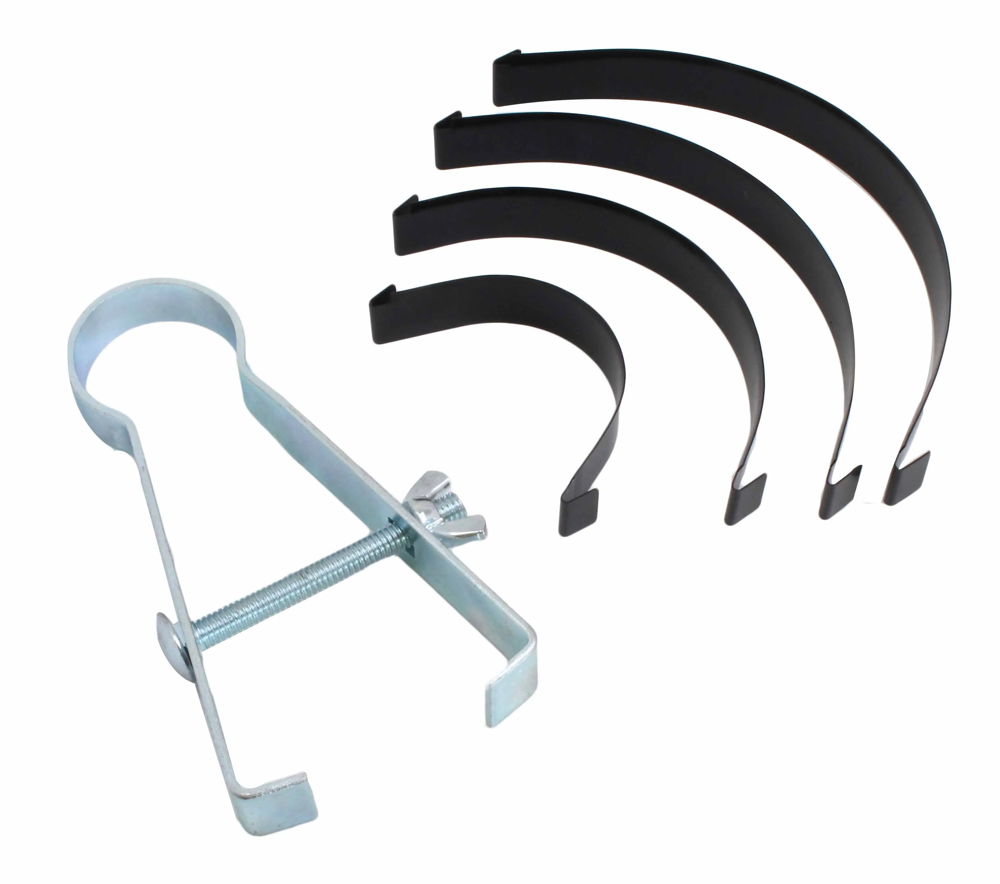 Piston ring compressor clamp and four black semicircular adapter strips displayed on white background