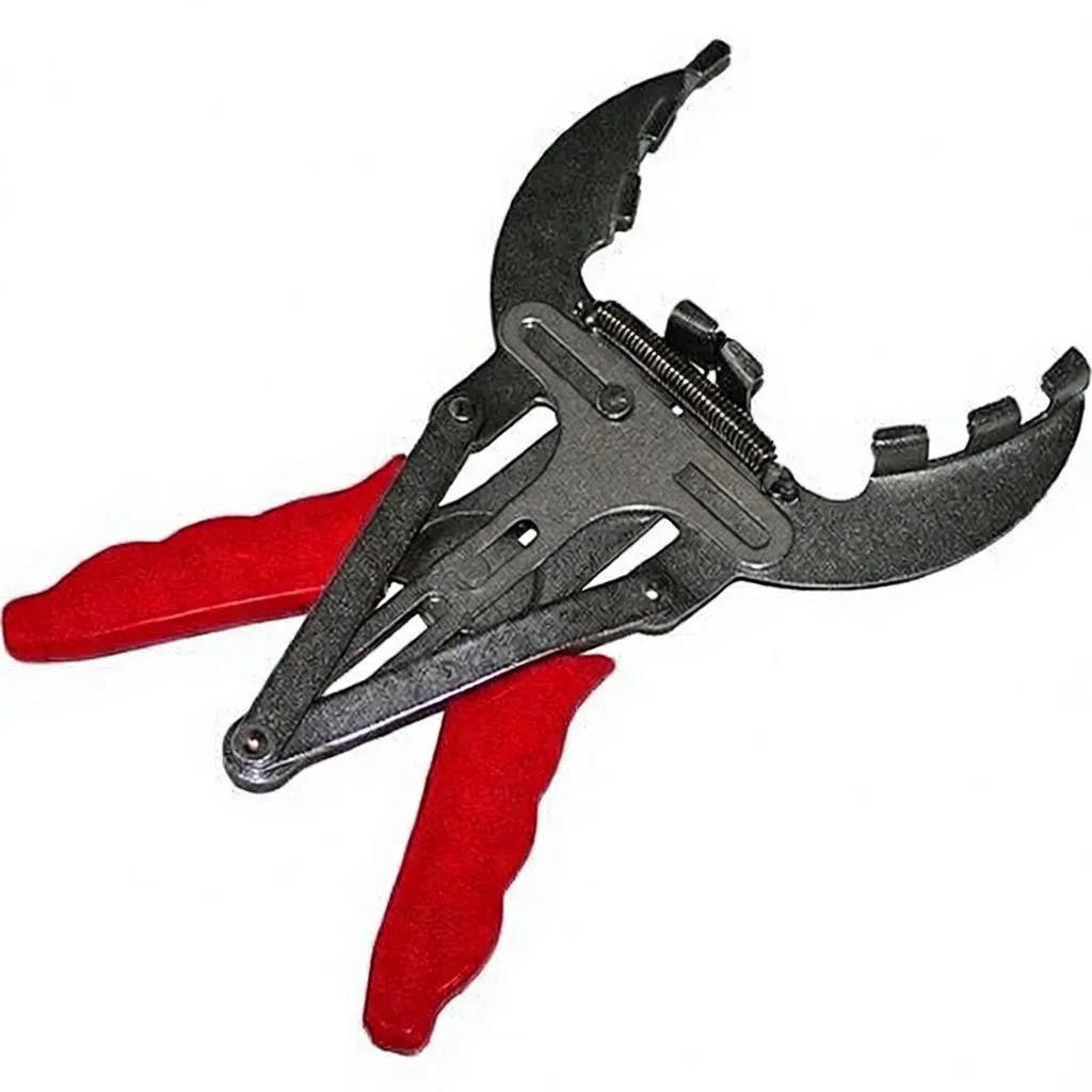 Long black bar with hooked end and sliding stainless steel clamp assembly for piston ring service