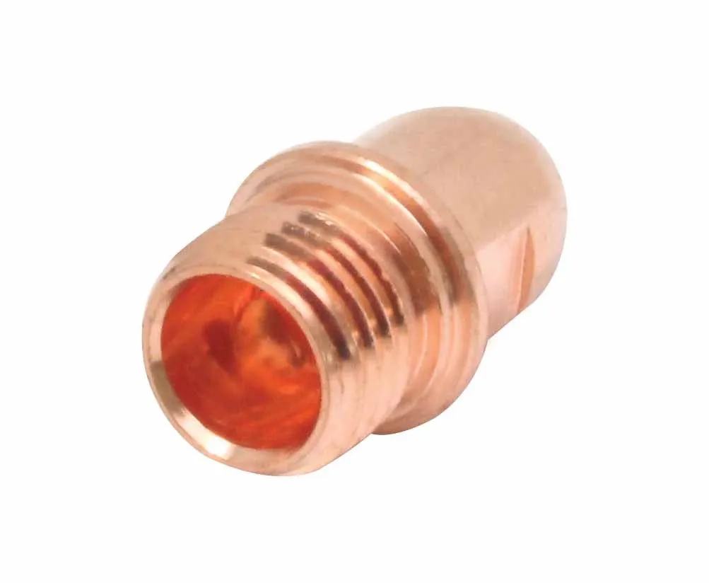 Rear view of copper electrode holder showing hollow threaded interior, flange and dome