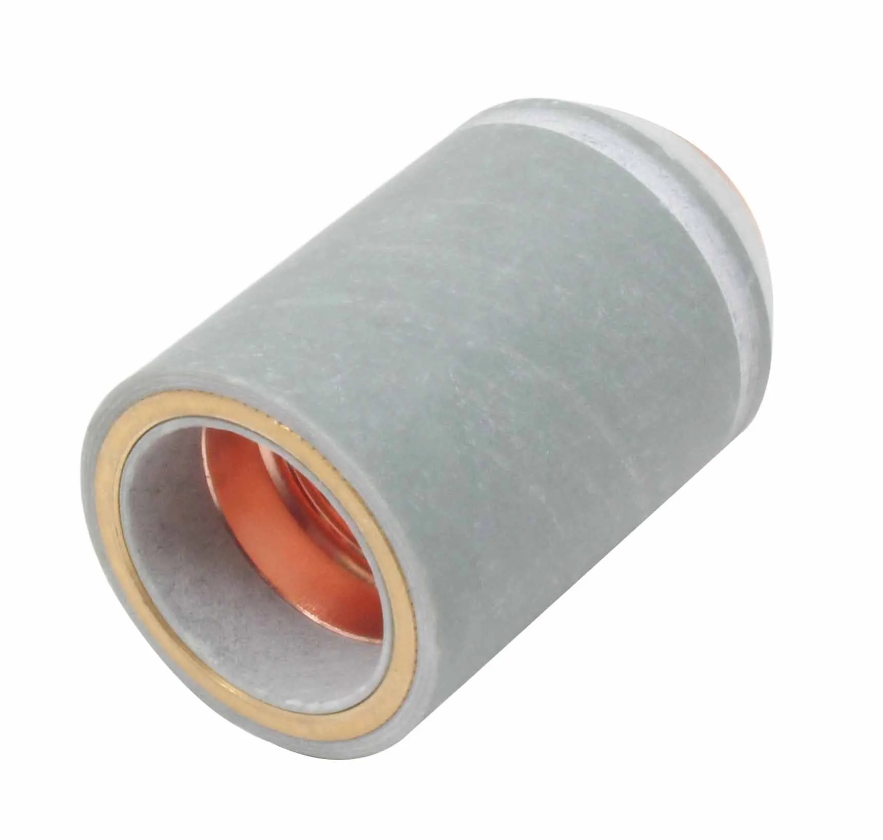 View into the open end of a grey plasma nozzle cover showing copper lining and a gold-coloured inner ring.