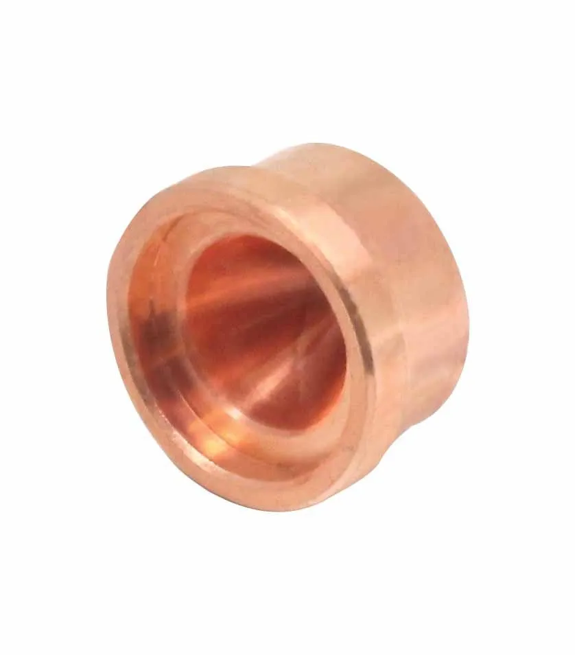 Rear view of copper nozzle showing hollow tapered interior and seating flange