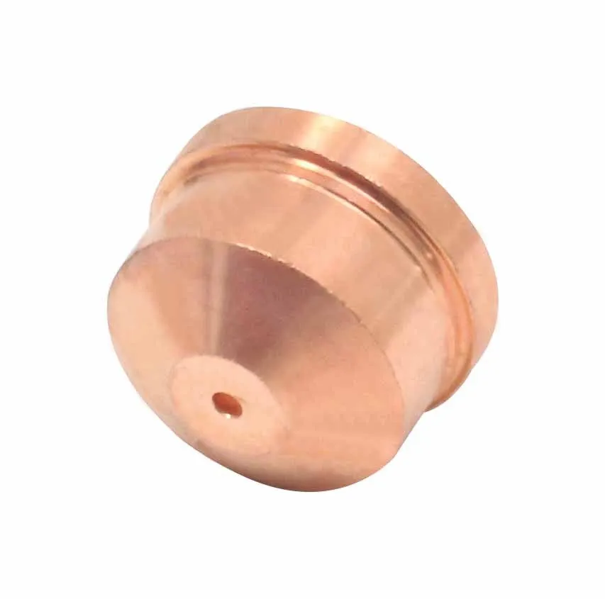 Top angled view of copper plasma nozzle with conical front and central orifice