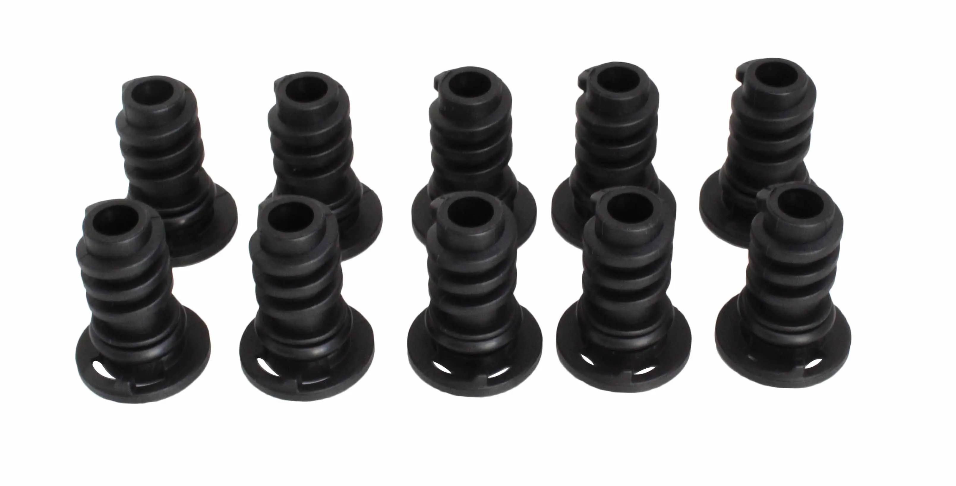 Two rows of ten black ribbed plastic drain plug keys showing side profiles