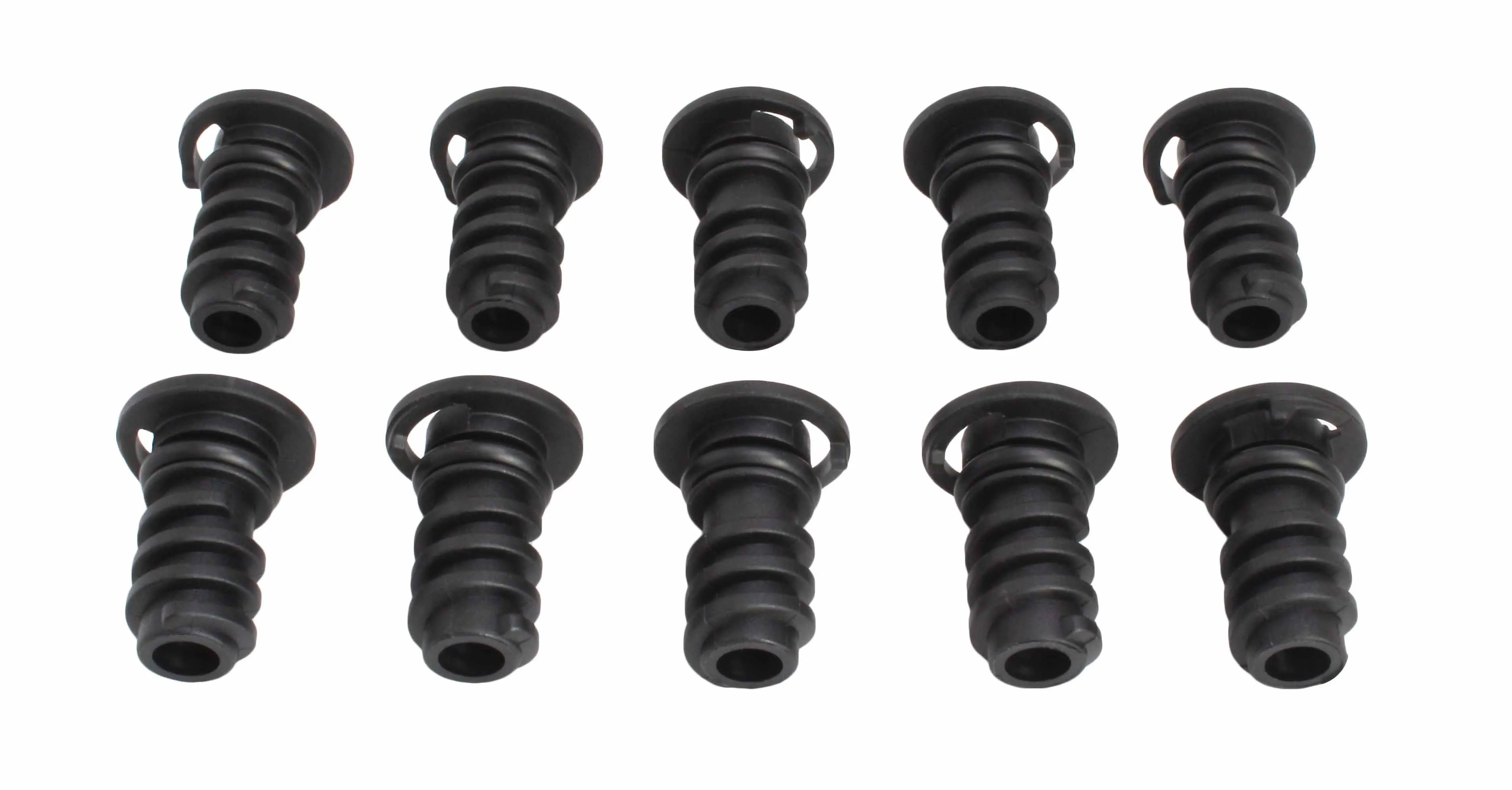 Top view of ten black ribbed drain plug keys showing flanged heads and central holes