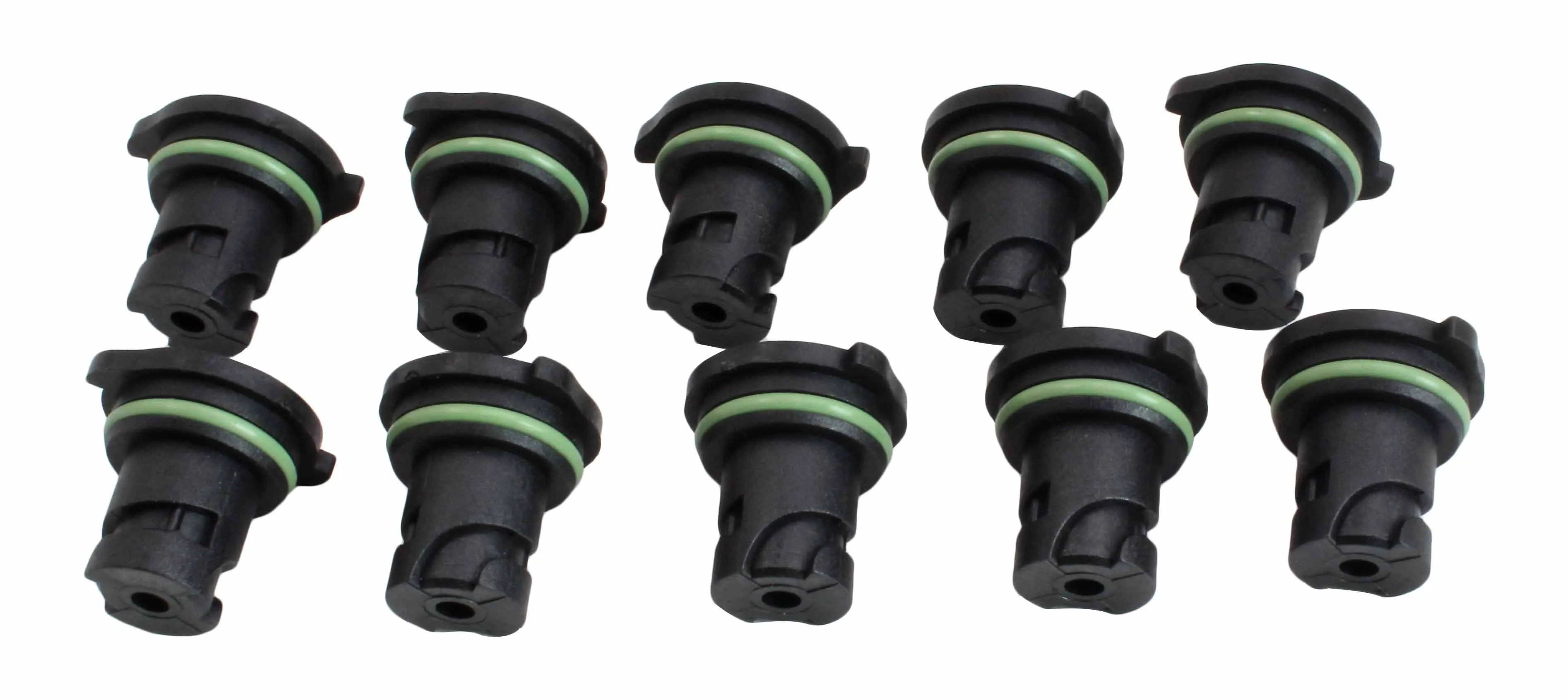 Two rows of ten black plastic drain plug keys with green O-rings showing flanged heads and slotted stems on white background.