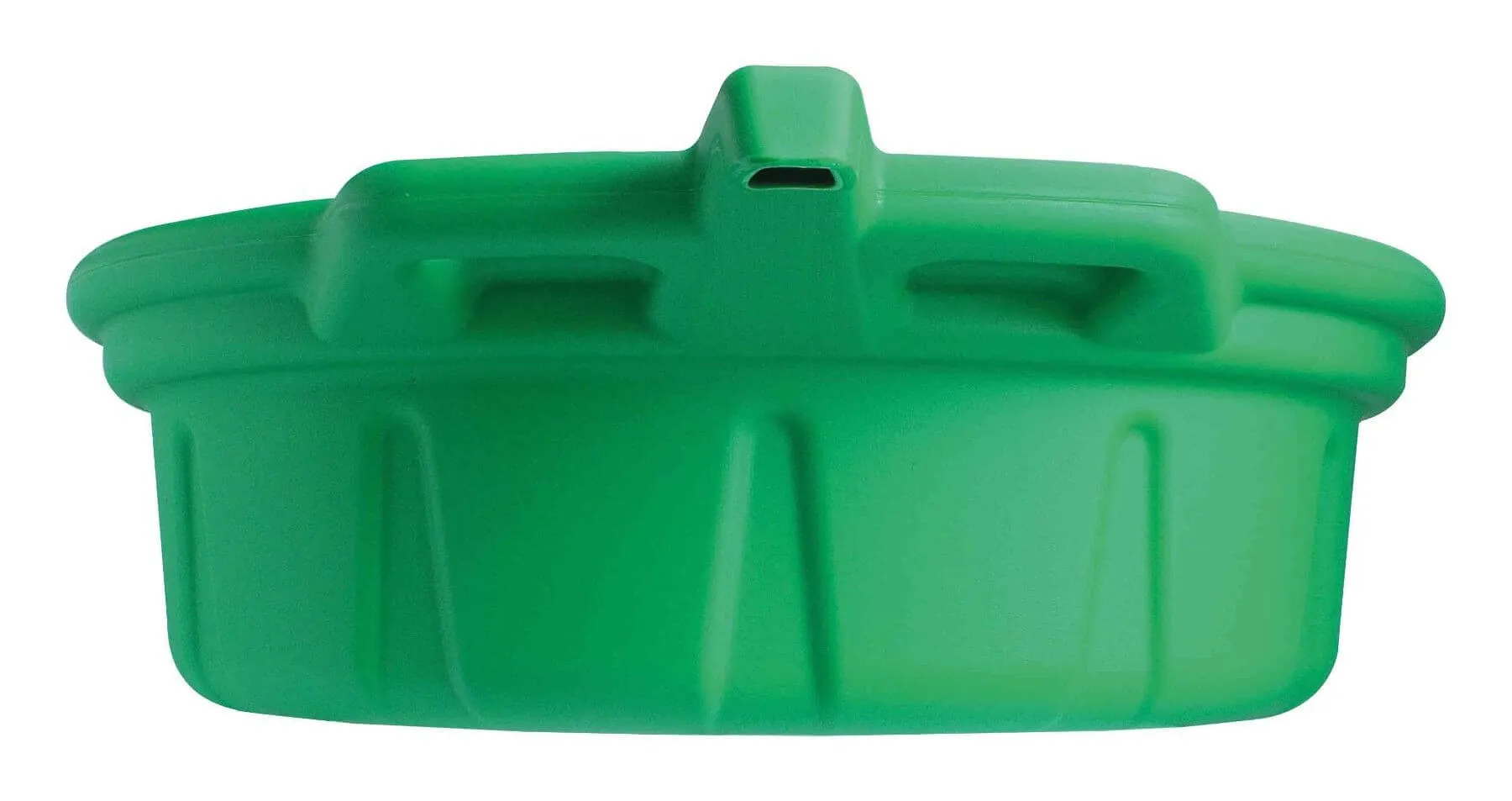 Front-side view of green oil drain pan highlighting pour spout, handle recesses and vertical ribs