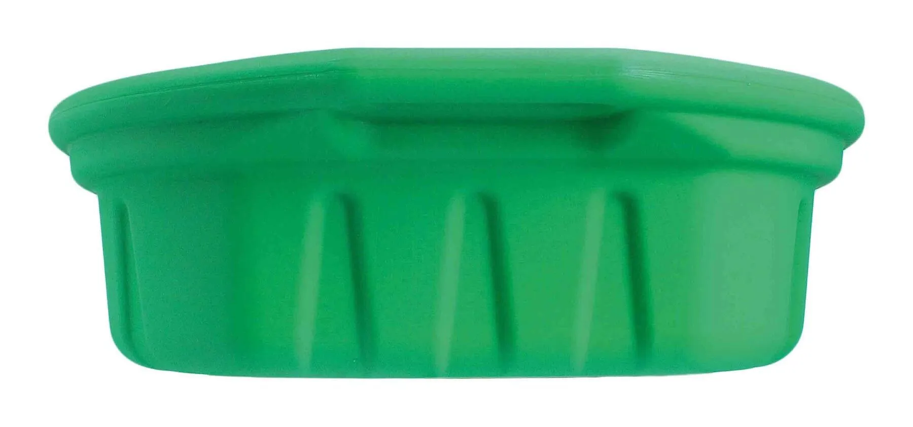 Side view of green oil drain pan showing rounded rim and external vertical ribs