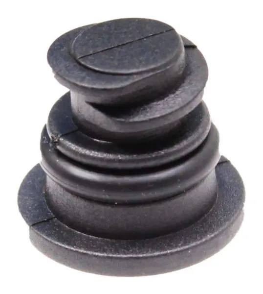 Top-front view of black plastic drain plug with a flat screwdriver slot on the head, concentric rings and a wide base flange.