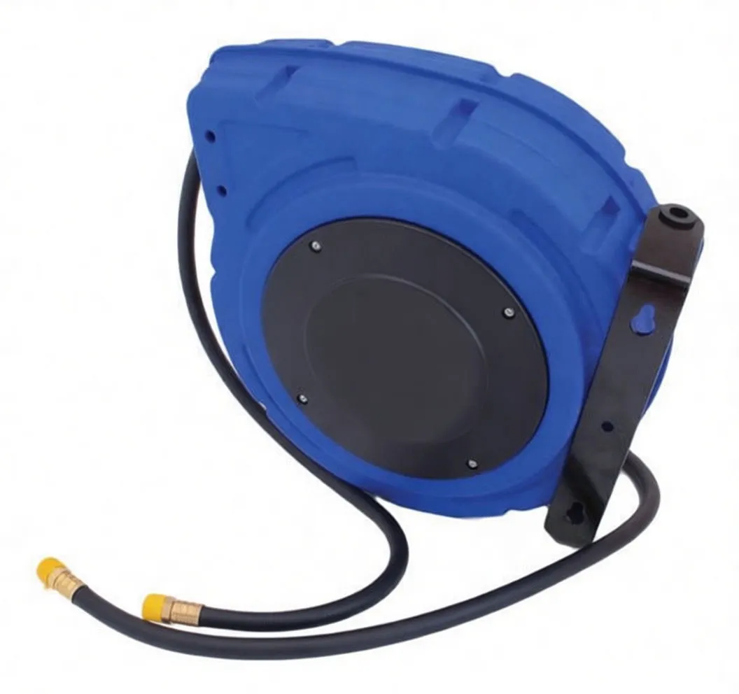 Side/rear view of blue plastic hose reel with black center cover and white label, black rubber hose with brass fittings and yellow caps, and black mounting bracket.