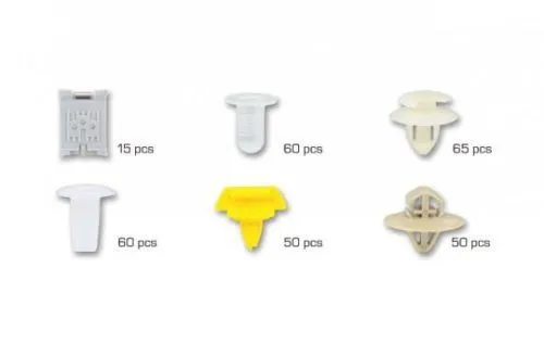 Diagram of six plastic trim clip types with counts: 15, 60, 65, 60, 50, 50 pieces