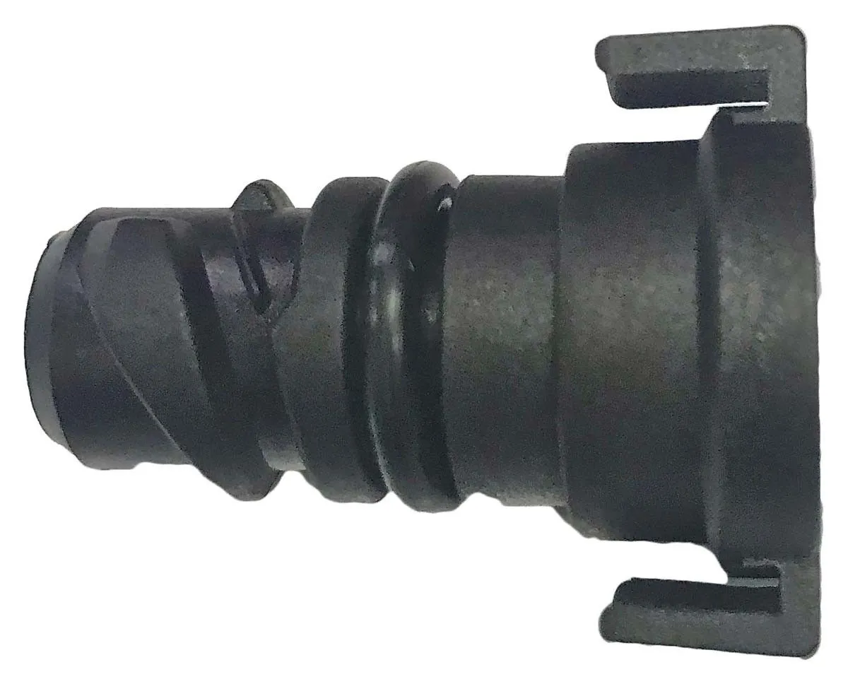 Close-up of one black plastic drain plug showing O-ring, barbed tail and retention tabs.